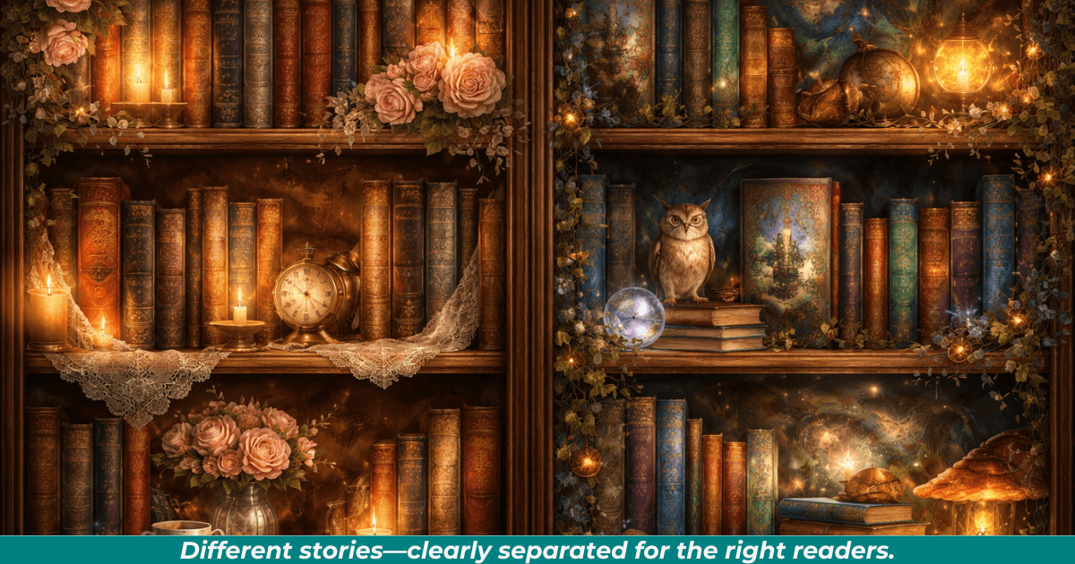 Two distinct bookshelves representing different audiences. 