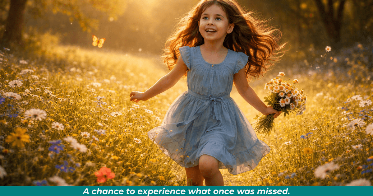 Child playing in sunlight representing rediscovered childhood. 