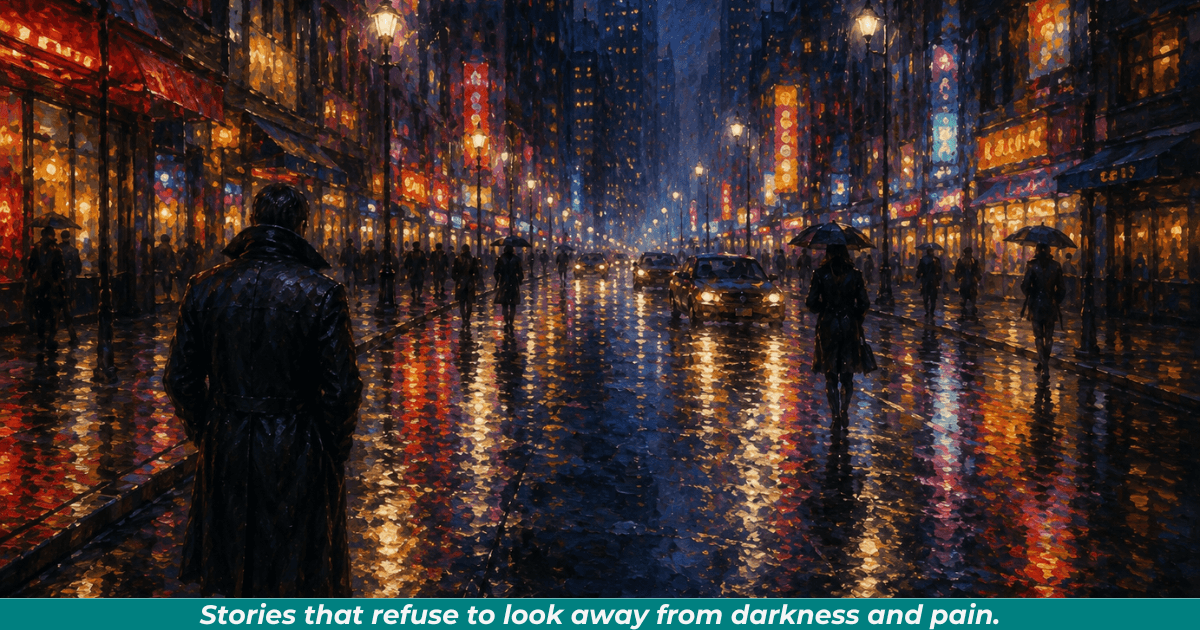 Rainy city street at night representing real-world darkness.