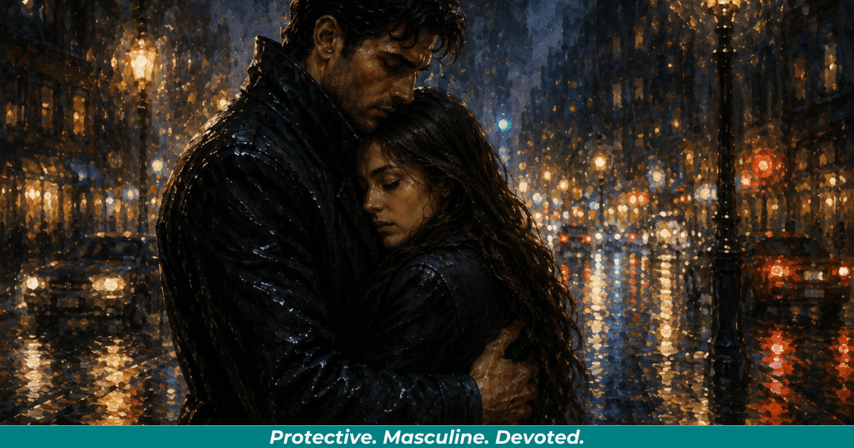 Protective man holding woman in the rain representing emotional and romantic safety.