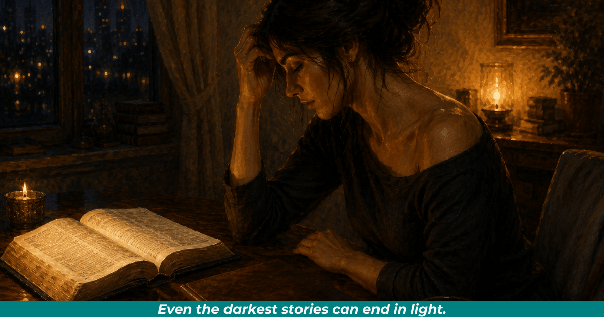 Woman sitting beside Bible and manuscript representing redeemed calling.