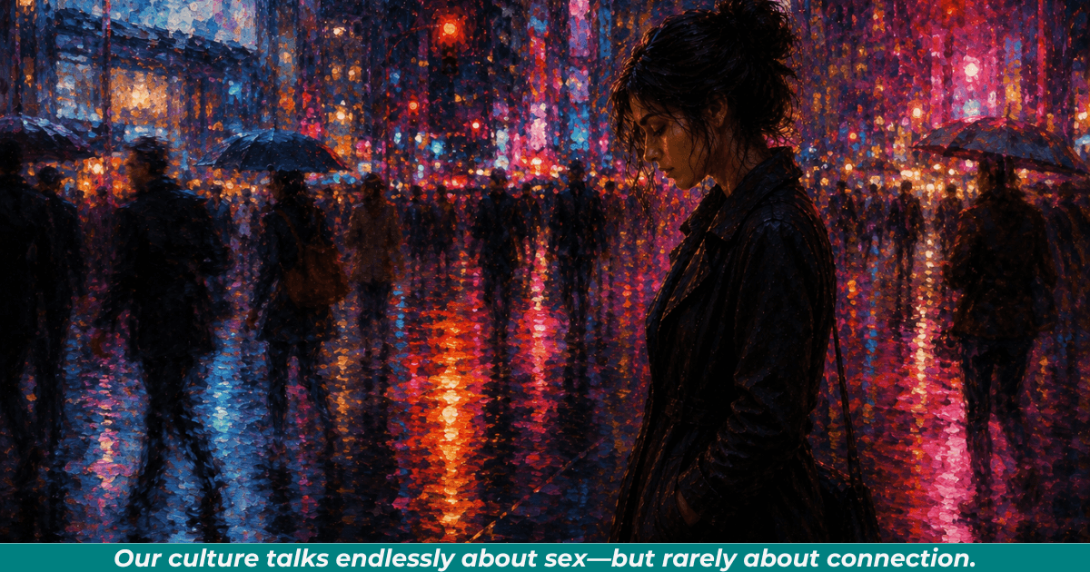 Lonely woman in neon-lit city representing emotional emptiness and modern culture.