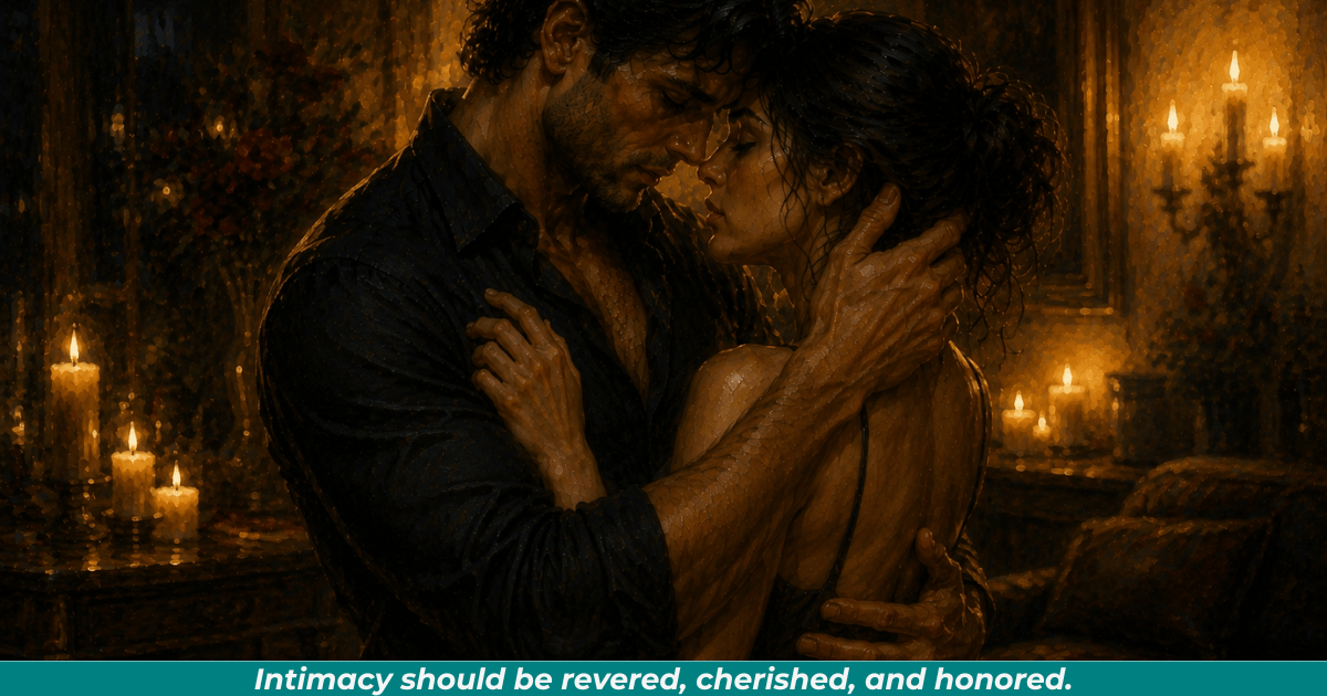 Couple embracing in warm candlelight representing covenant intimacy and emotional connection.