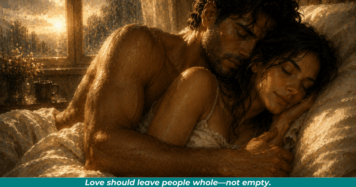 Married couple resting peacefully together representing healing, trust, and emotional safety.