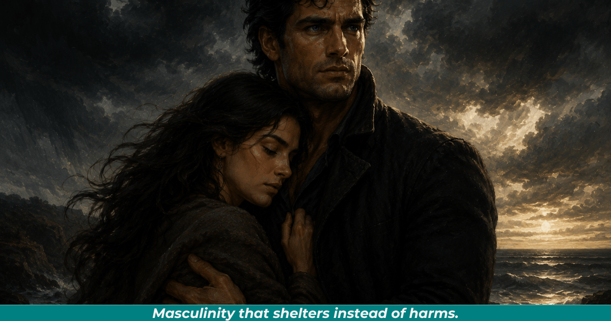 Protective masculine hero standing beside woman beneath stormy skies.