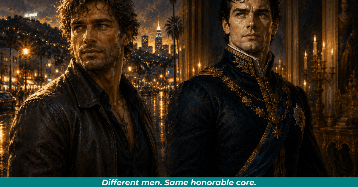 Two contrasting masculine archetypes representing rugged warmth and regal restraint.