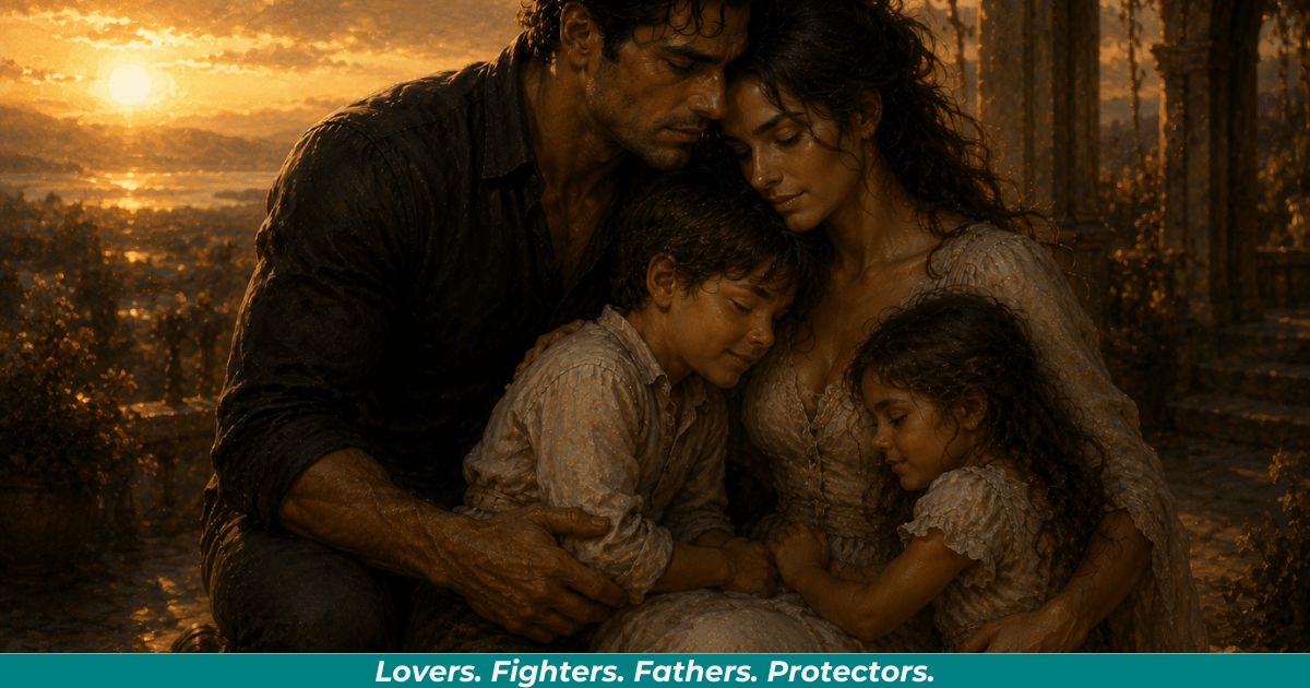 Protective husband and father with family representing masculine devotion.