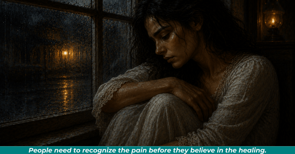 Woman sitting alone beside rainy window representing emotional pain and loneliness.