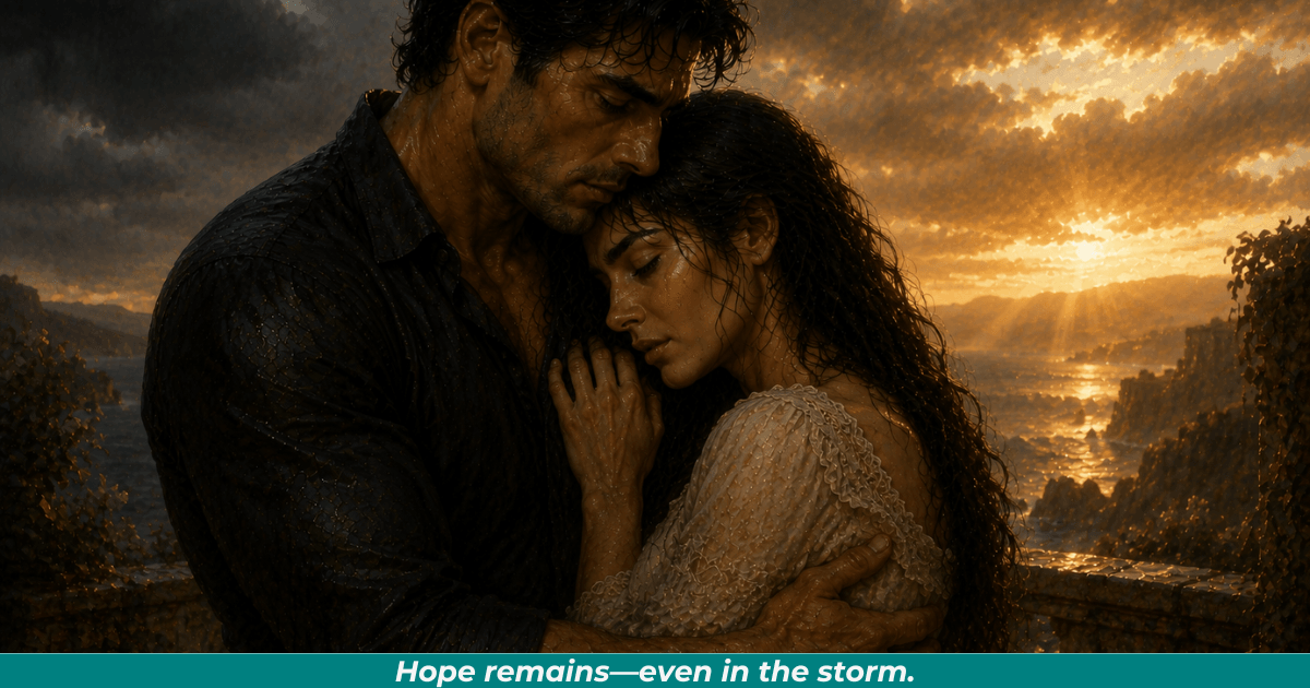 Protective man comforting emotional woman representing hope and emotional healing.