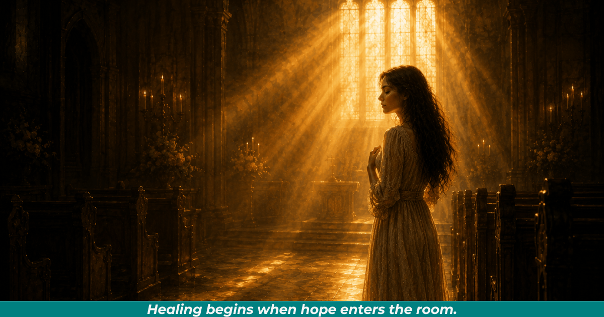 Woman standing in golden church light representing faith, healing, and restoration.