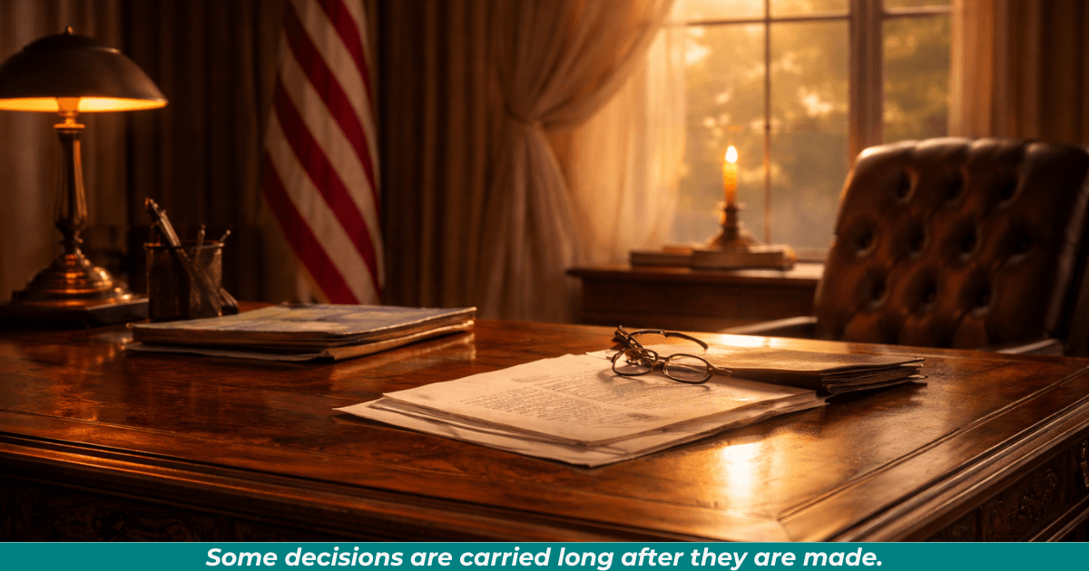 Presidential desk and American flag symbolizing leadership responsibility during Bush’s presidency.