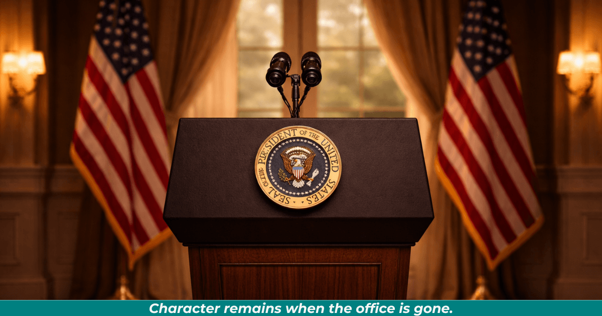 An empty podium with American flags symbolizing leadership responsibility.