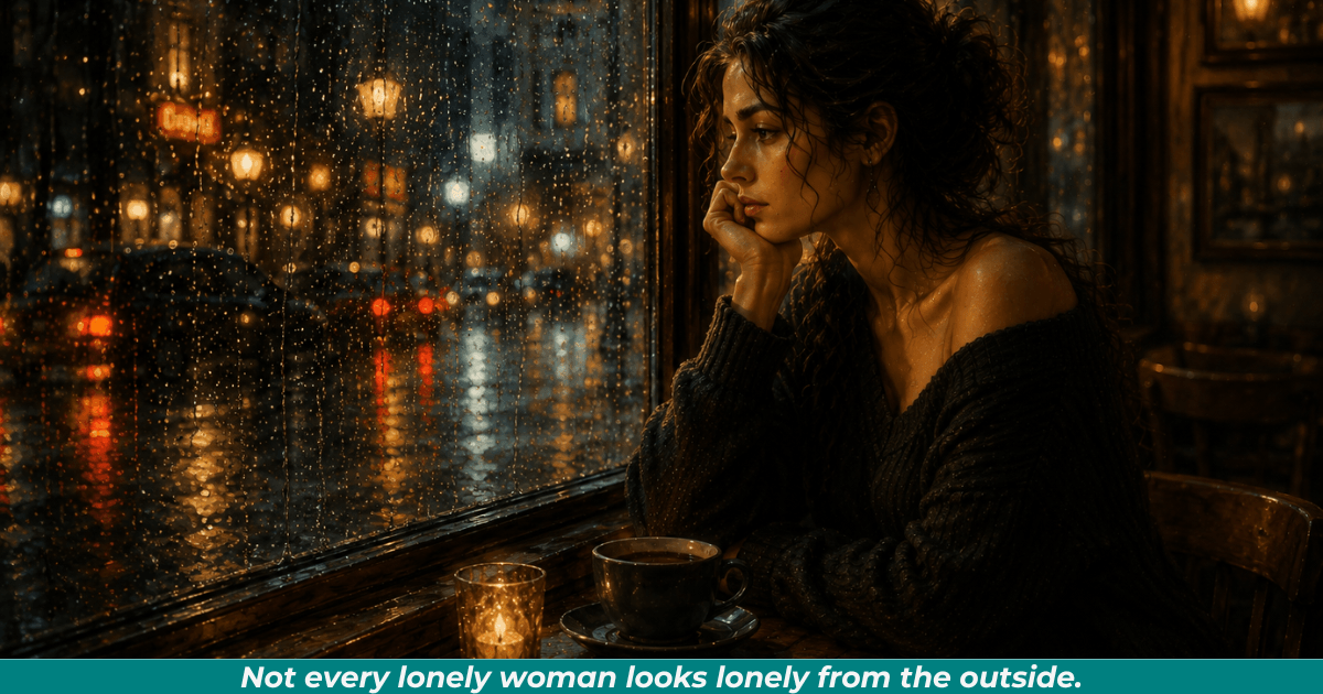 Woman sitting alone beside rainy café window representing emotional isolation and longing.