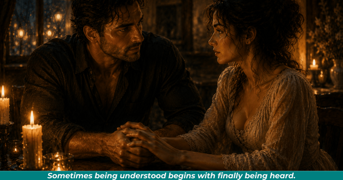 Protective man quietly listening to woman beneath candlelight.