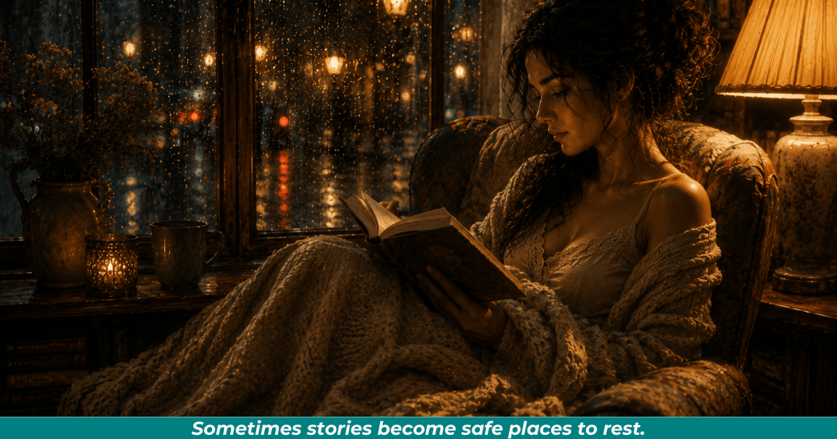 Woman reading beside warm lamplight representing emotional refuge through storytelling.
