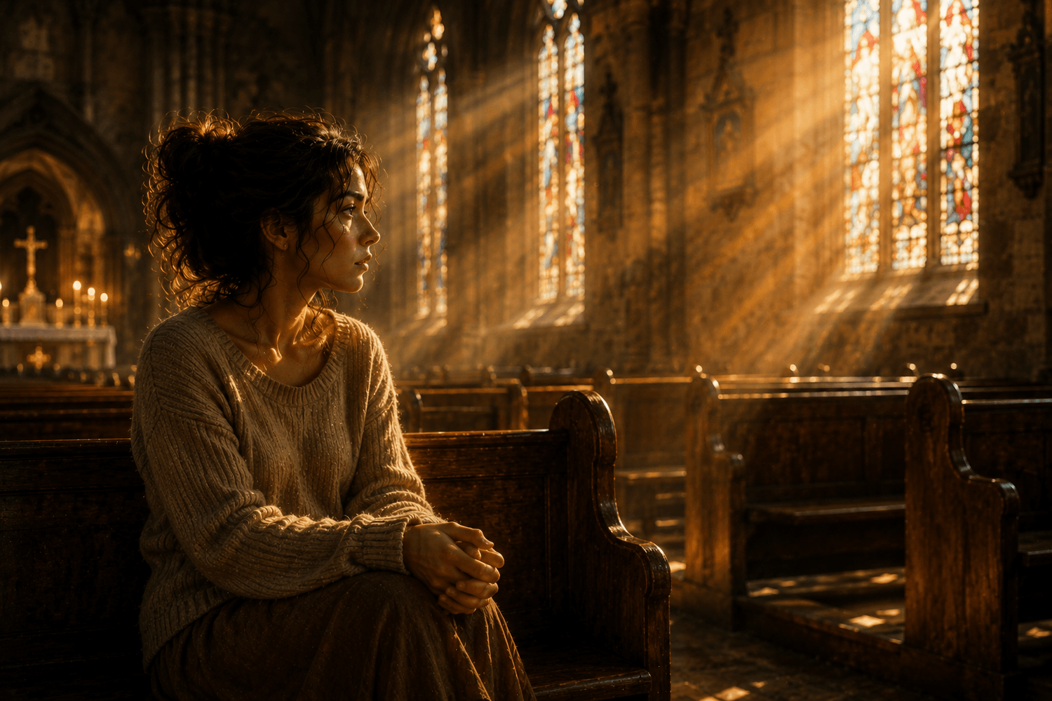 Woman sitting thoughtfully in church representing faith, questions, and spiritual searching.