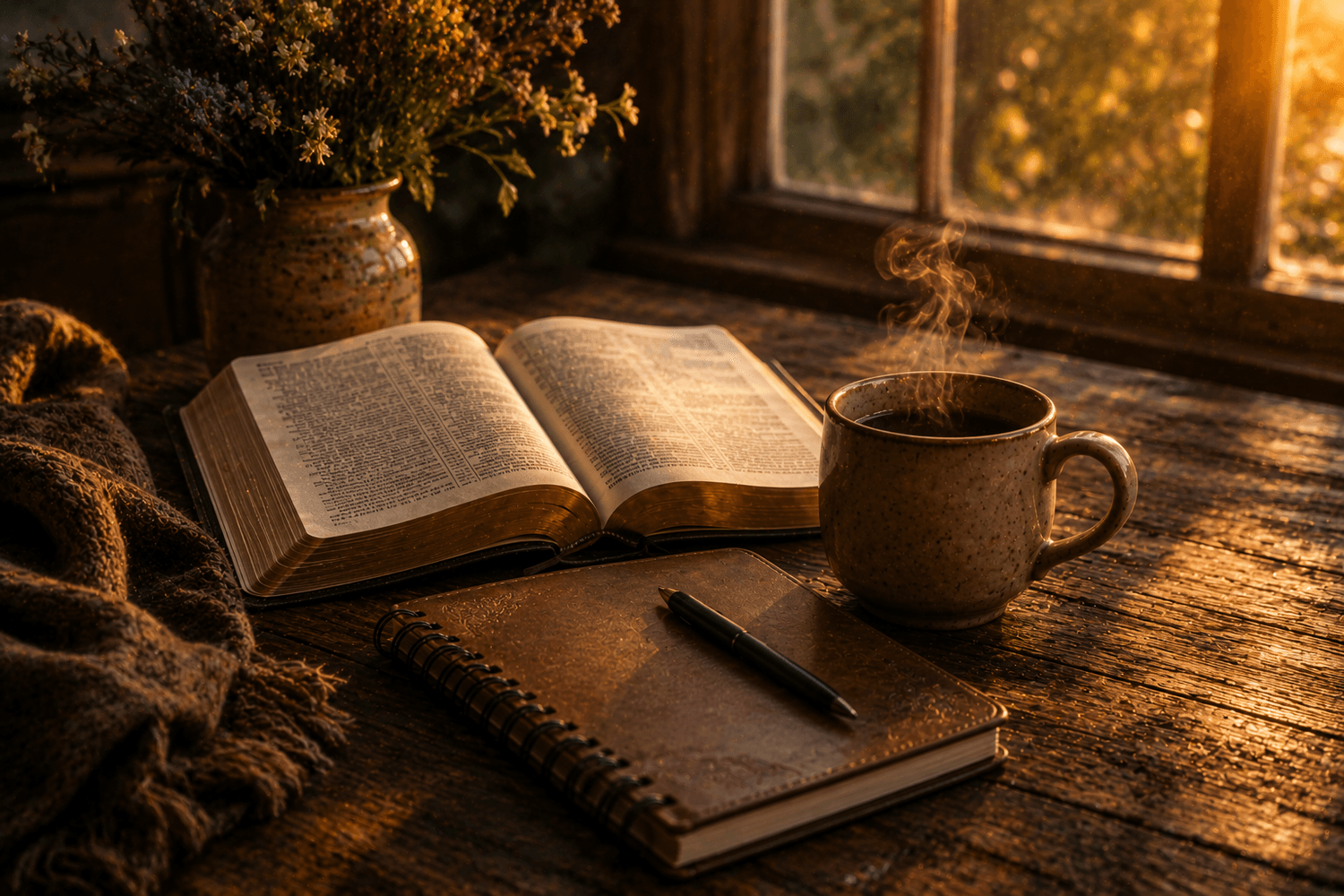 Bible, journal, and coffee representing spiritual reflection and personal faith.