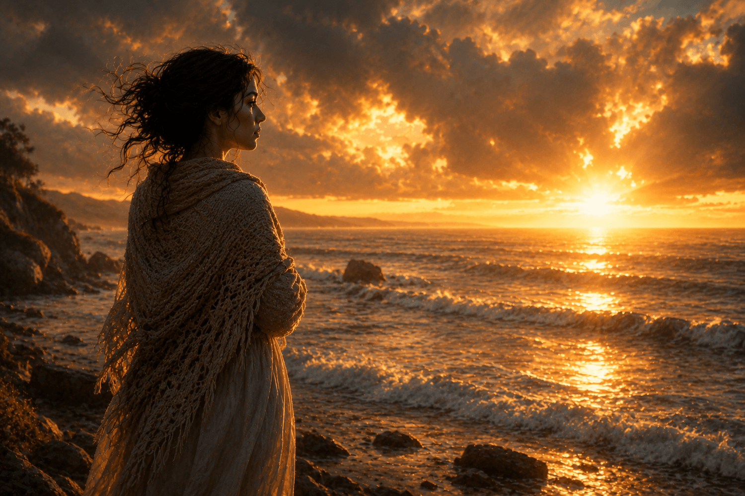 Woman standing at sunrise representing grace, restoration, and hope.