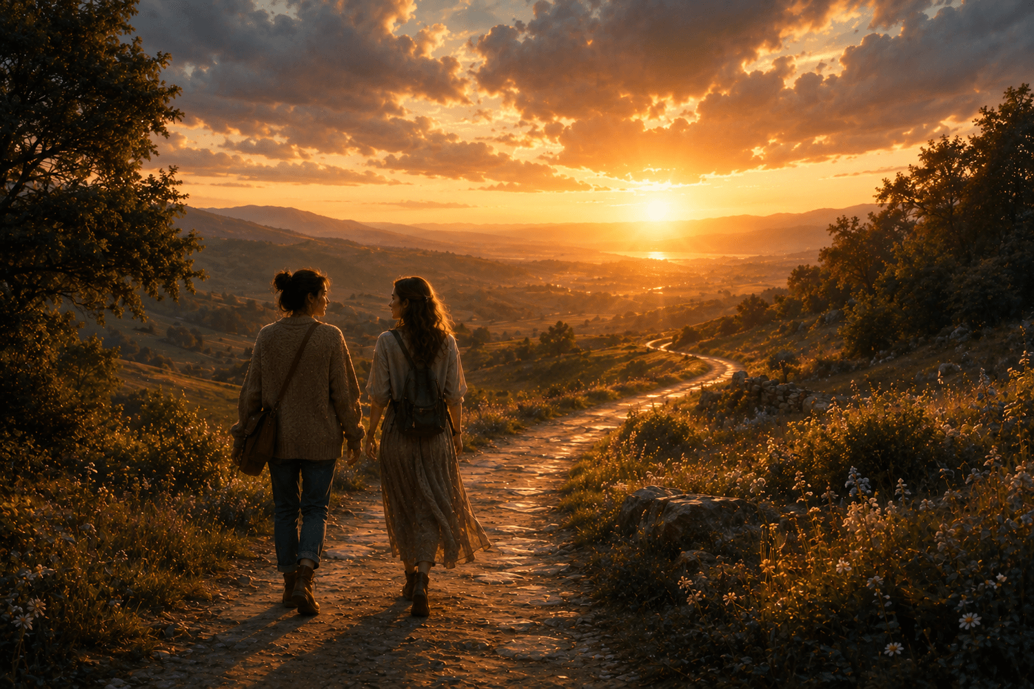 Two people walking toward sunrise representing faith, questions, and shared journey.