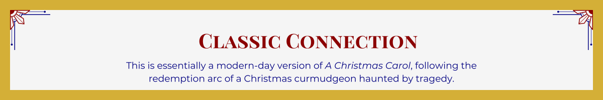 Gold-framed banner with Art Deco brackets in top corners. The banner reads: “Classic Connection: This is essentially a modern-day version of "A Christmas Carol," following the redemption arc of a Christmas curmudgeon haunted by tragedy.”