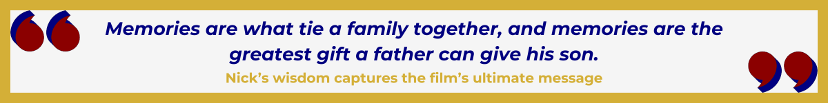 Gold-framed banner with Art Deco quote marks in top left and bottom right corners, done in red and shadowed in navy blue. The banner reads: “ ‘Life goes quickly, but kindness lasts forever' — Amy Tucker’s wisdom captures the film’s heart.”