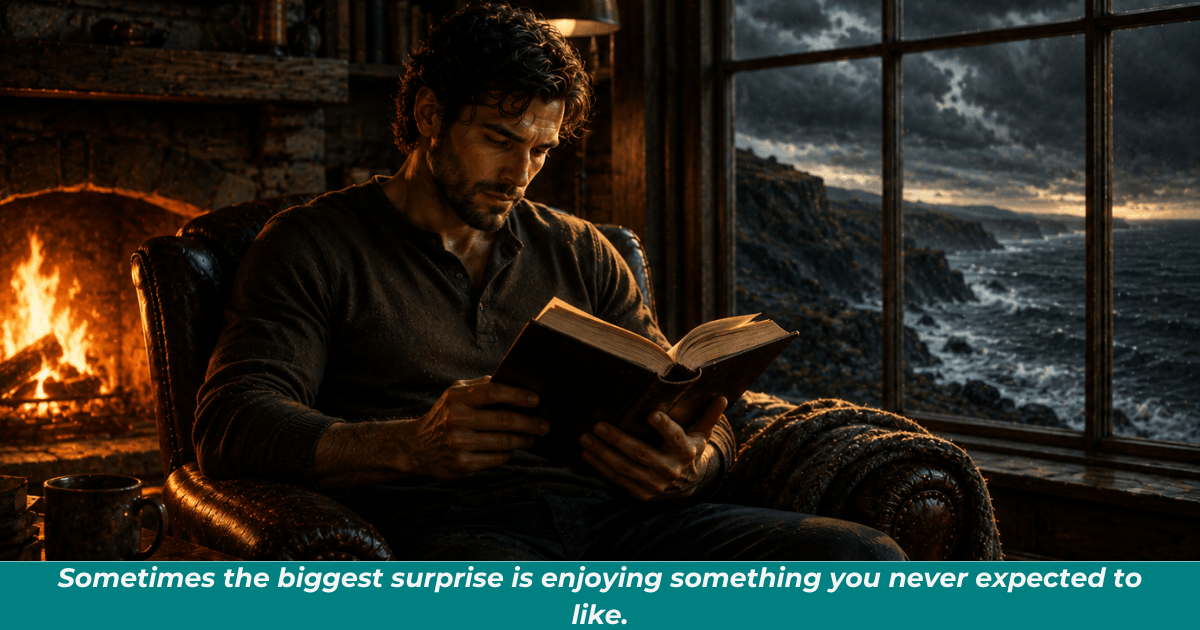A man deeply engaged in a novel representing unexpected enjoyment of fiction.