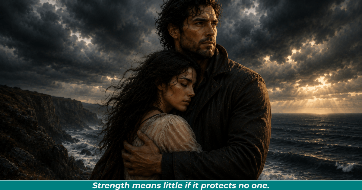 Protective hero standing before a storm representing strength and devotion.