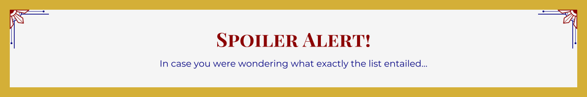 Gold-framed banner with Art Deco brackets in top corners. The banner reads: “Spoiler Alert! In case you were wondering what exactly the list entailed...”