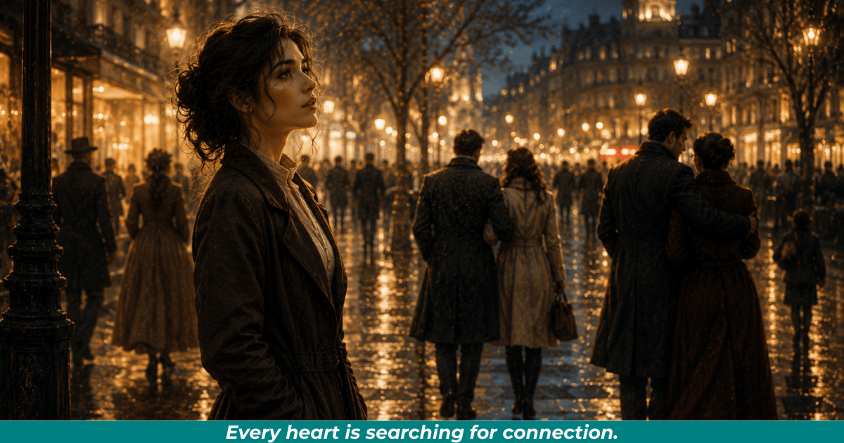 Woman standing alone among others representing the universal desire for love and belonging.