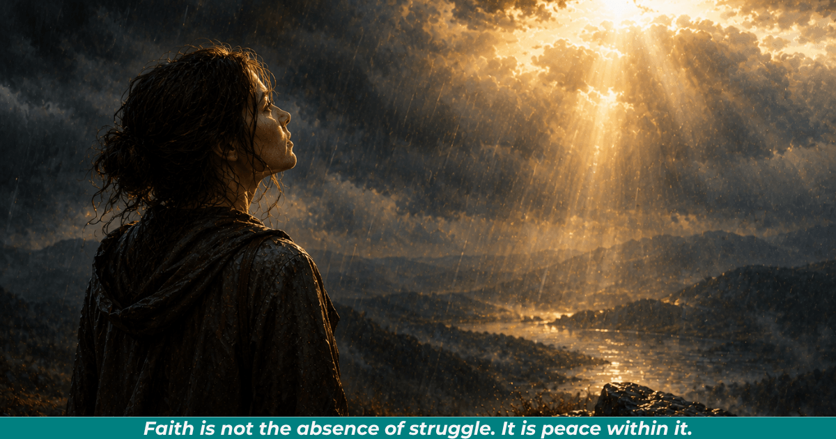 Woman standing through a storm representing faith during life’s struggles.