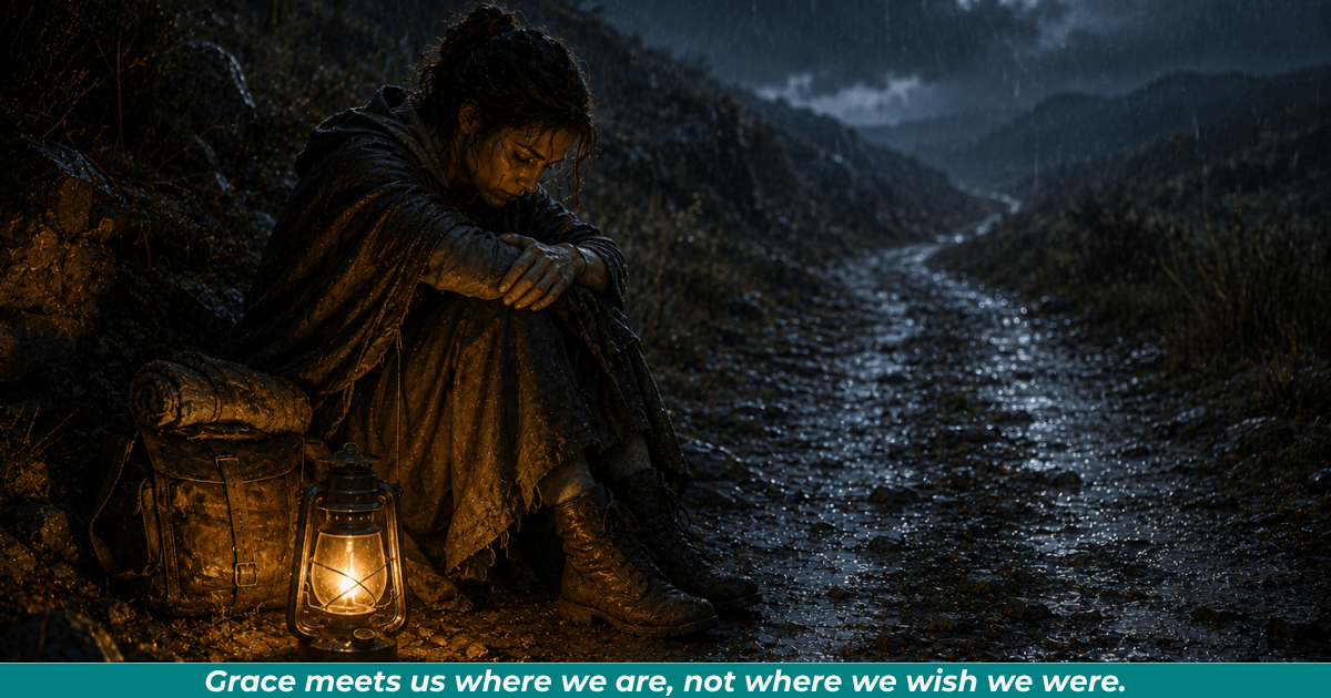Traveler resting beside a lantern representing grace and guidance through difficult seasons.