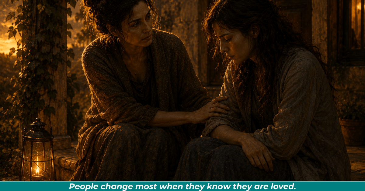Two people sharing a conversation representing compassion, truth, and understanding.