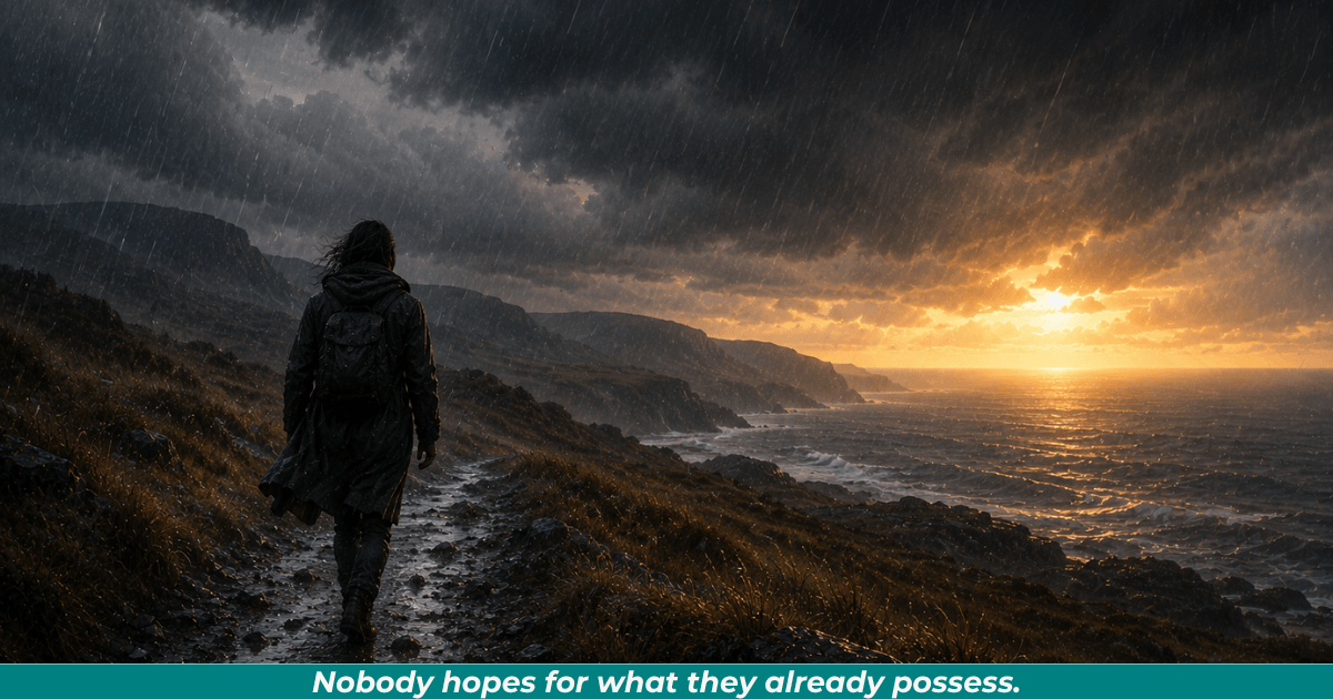 Traveler moving through a storm toward distant light representing perseverance and hope.