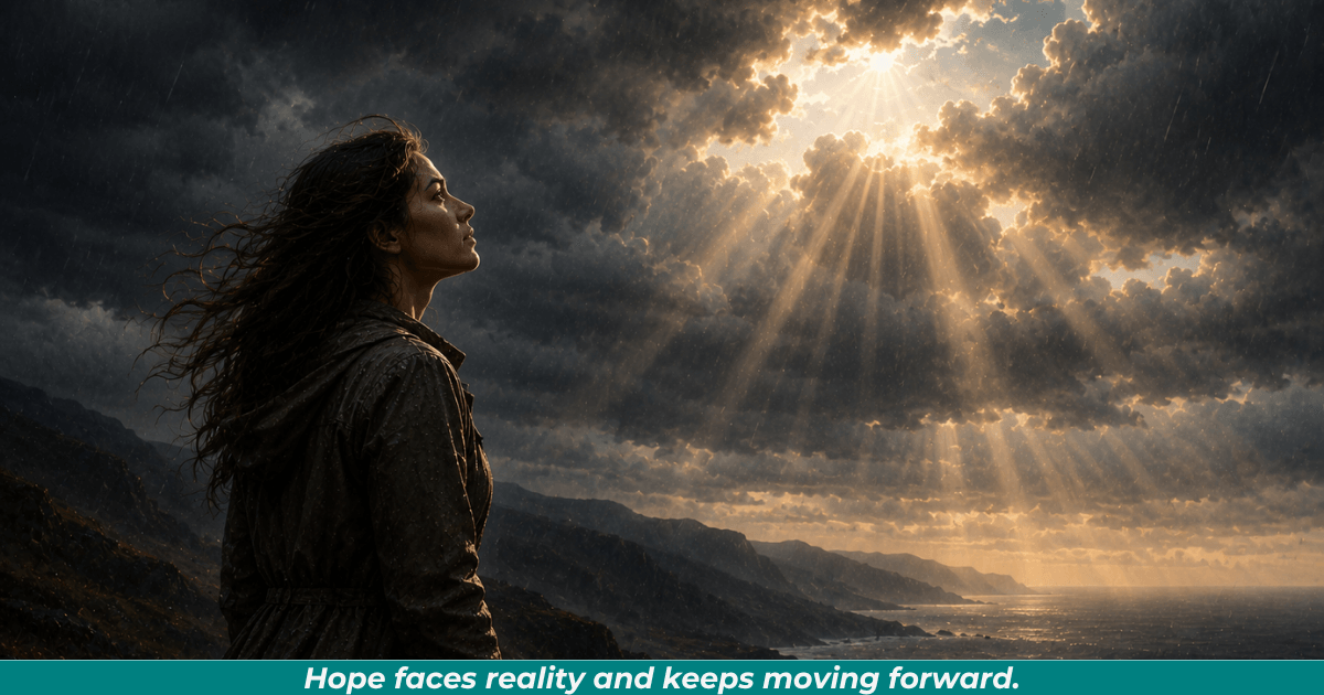 Woman standing beneath storm clouds representing faith during hardship.