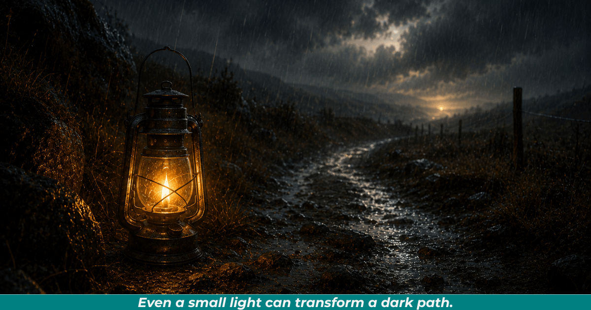 Lantern illuminating a dark road representing guidance and hope.