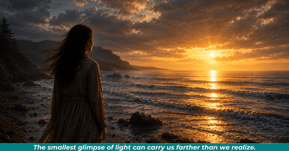 Woman watching dawn over water representing hope, faith, and renewal.