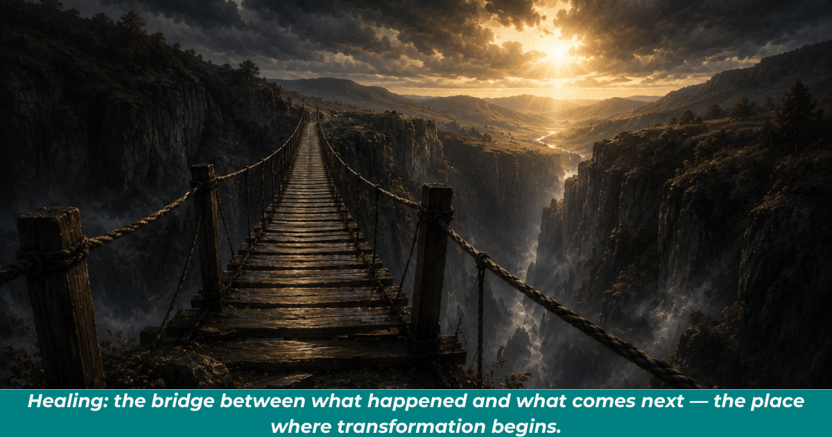 Wooden bridge crossing a ravine representing the journey through trauma toward healing.