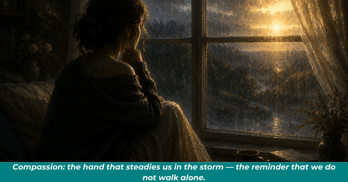 Woman reflecting beside a rainy window while sunlight enters, representing healing after hardship.
