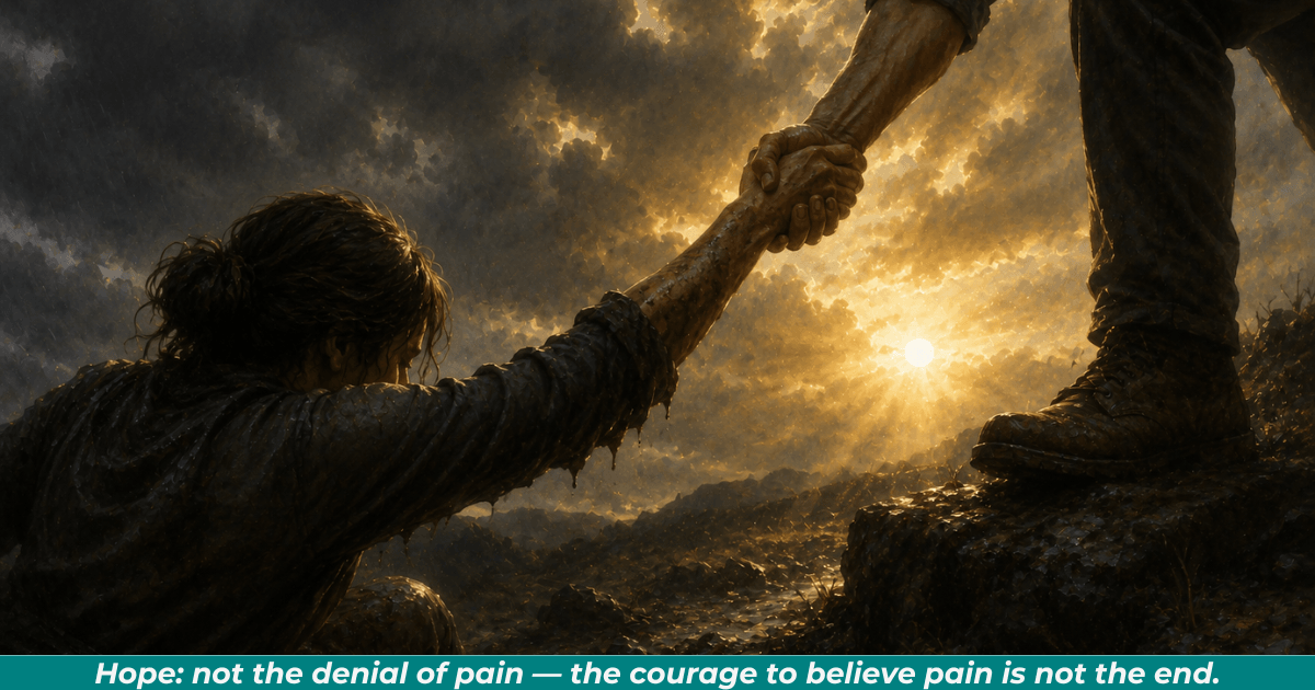 One person helping another stand, representing support, healing, and hope after trauma.