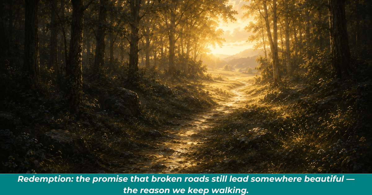 Forest path opening into sunlight representing redemption, healing, and hope.