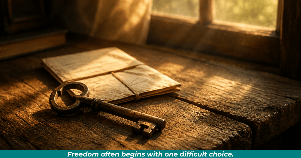An antique key and handwritten letter resting on a wooden table in warm morning light.
