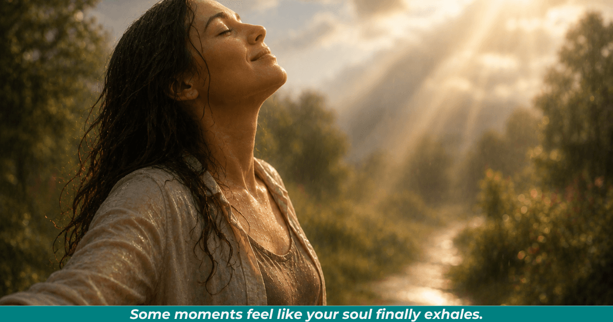 A woman standing in fresh sunlight after rainfall, breathing deeply with eyes closed.