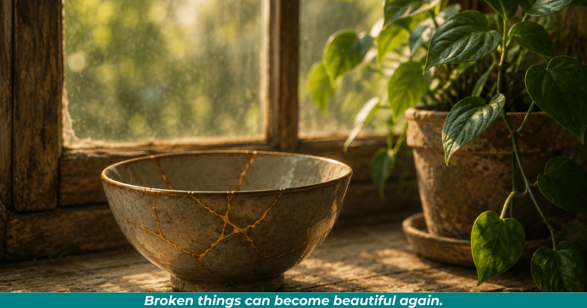A repaired ceramic bowl with golden seams beside a healthy green plant.