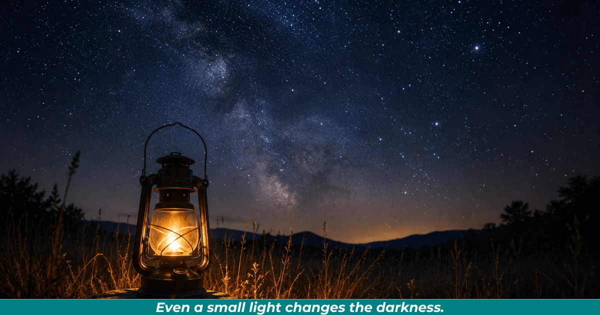 A lantern shining gently beneath a star-filled night sky.