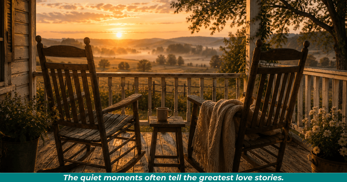 Two rocking chairs on a porch overlooking a peaceful sunrise.