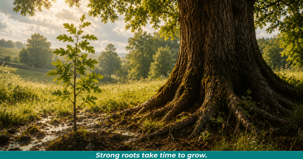 A young tree growing beside a mature oak in warm afternoon light.