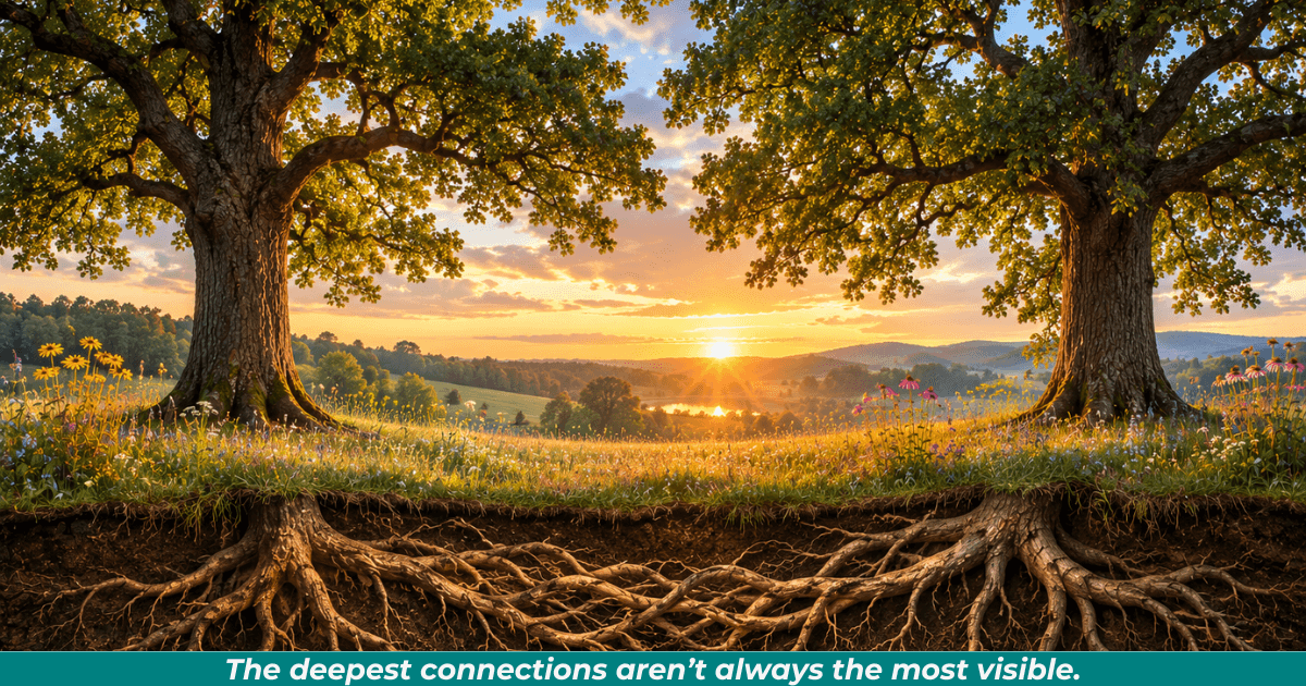 Two oak trees connected by intertwined roots beneath the earth.