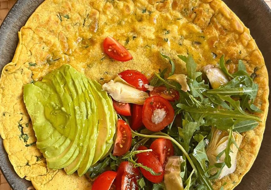 Chickpea Flour Omelette with Avocado and Arugula Salad