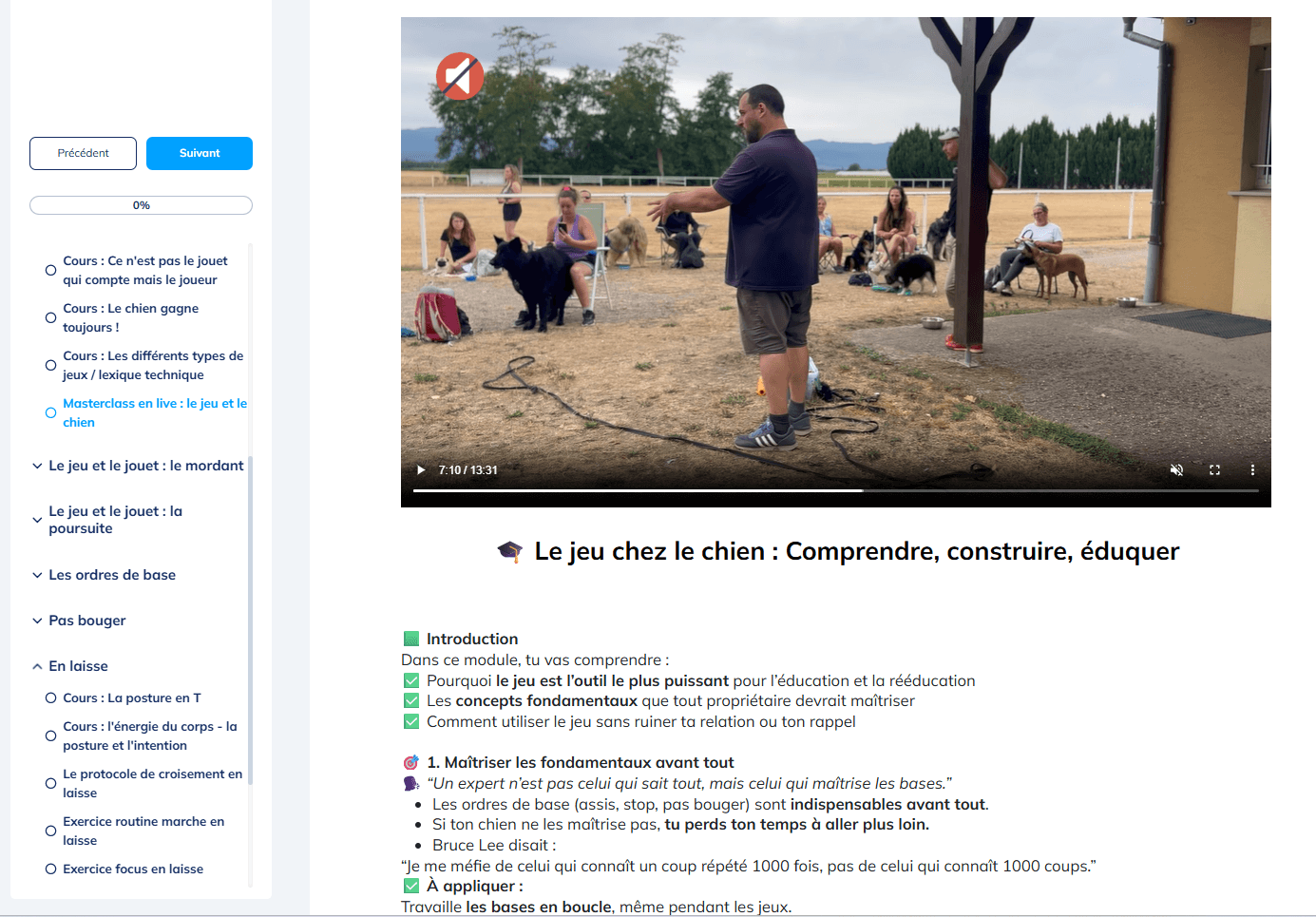 Espace membre de la plateforme Accompagnement Canin+ : les modules de cours vidéo d'éducation canine