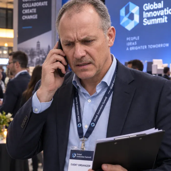 Organizador de eventos frustrado revisando el teléfono